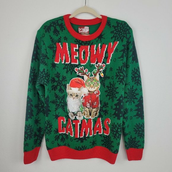 Party sweater Dec. 25th Meowy Catmas grapic ugly Christmas sweater Size medium - Picture 1 of 6